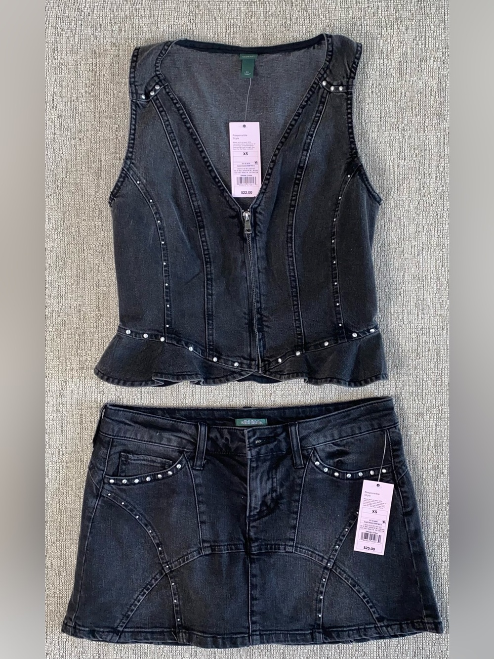 wild fable Black Studded Denim Skirt Set